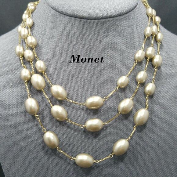 Vintage Monet Taupe Faux Pearl Necklace, Three Strands, Beads W/ Box Chain, 18" - Picture 1 of 9